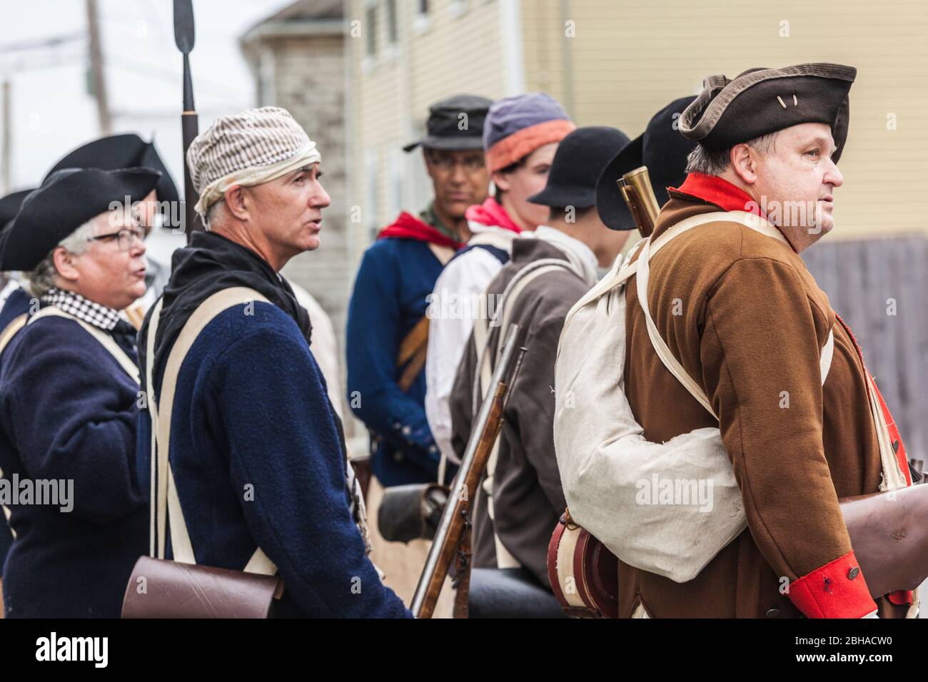 USA, New England, Massachusetts, Cape Ann, Gloucester, Reenactors of the Battle of Gloucester, 8.-9. August 1775, Schlacht überzeugte die Amerikaner von der Notwendigkeit, eine amerikanische Marine zu schaffen, um gegen die Briten zu kämpfen, NR Stockfoto