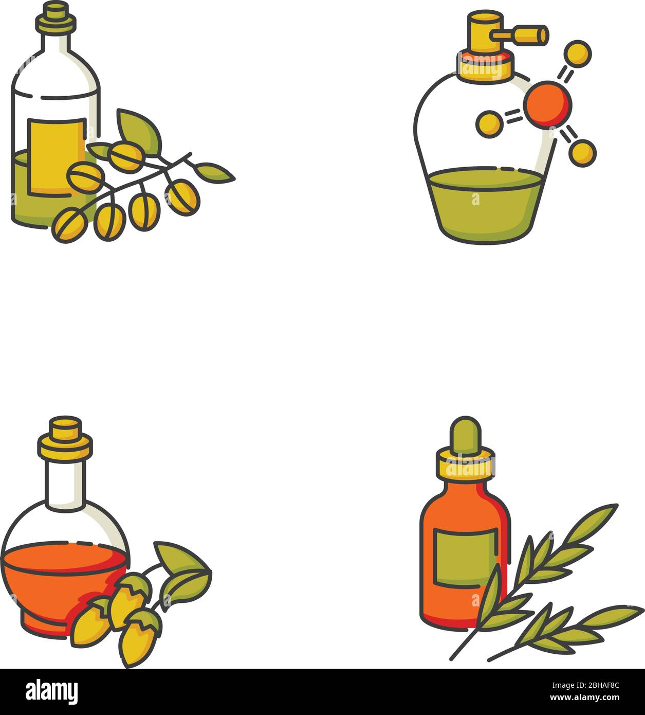 Haaröle RGB-Farbe Symbole gesetzt. Bio Jojoba-Essenz für gesunde Ernährung. Keratin Formel für glattes und glattes Haar. Rosmarin Kräuterextrakt Stock Vektor