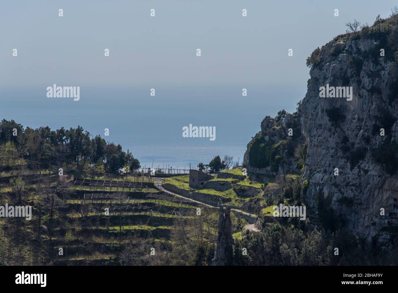 Der Weg der Götter: Sentiero degli Dei. Unglaublich schöner Wanderweg hoch über der Amalfitana oder Amalfi Küste in Italien, von Agerola nach Positano. März 2019. Landwirtschaft in Terrassenform Stockfoto