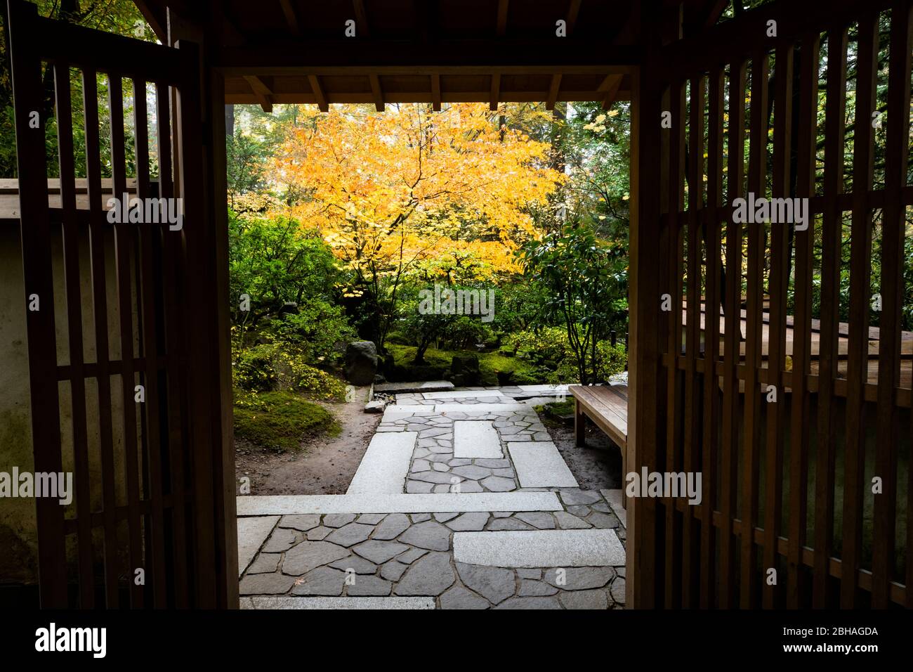 Gartentor, japanischer Garten, Portland, Oregon, USA Stockfoto