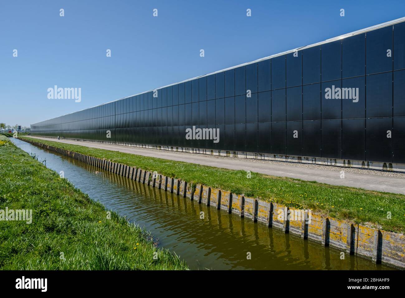 Perspektivische Ansicht eines modernen Industriegewächshauses mit Solarmodulen an der Seite in den Niederlanden. Stockfoto