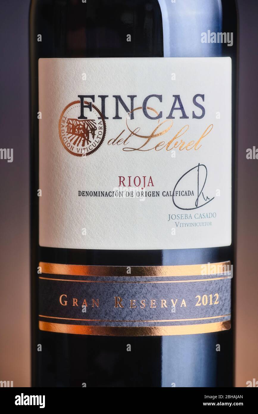 Flasche Wein mit Herkunftsbezeichnung aus La Rioja. Fincas del Lebril. Gran Reserva 2012, Spanien, Europa. Stockfoto
