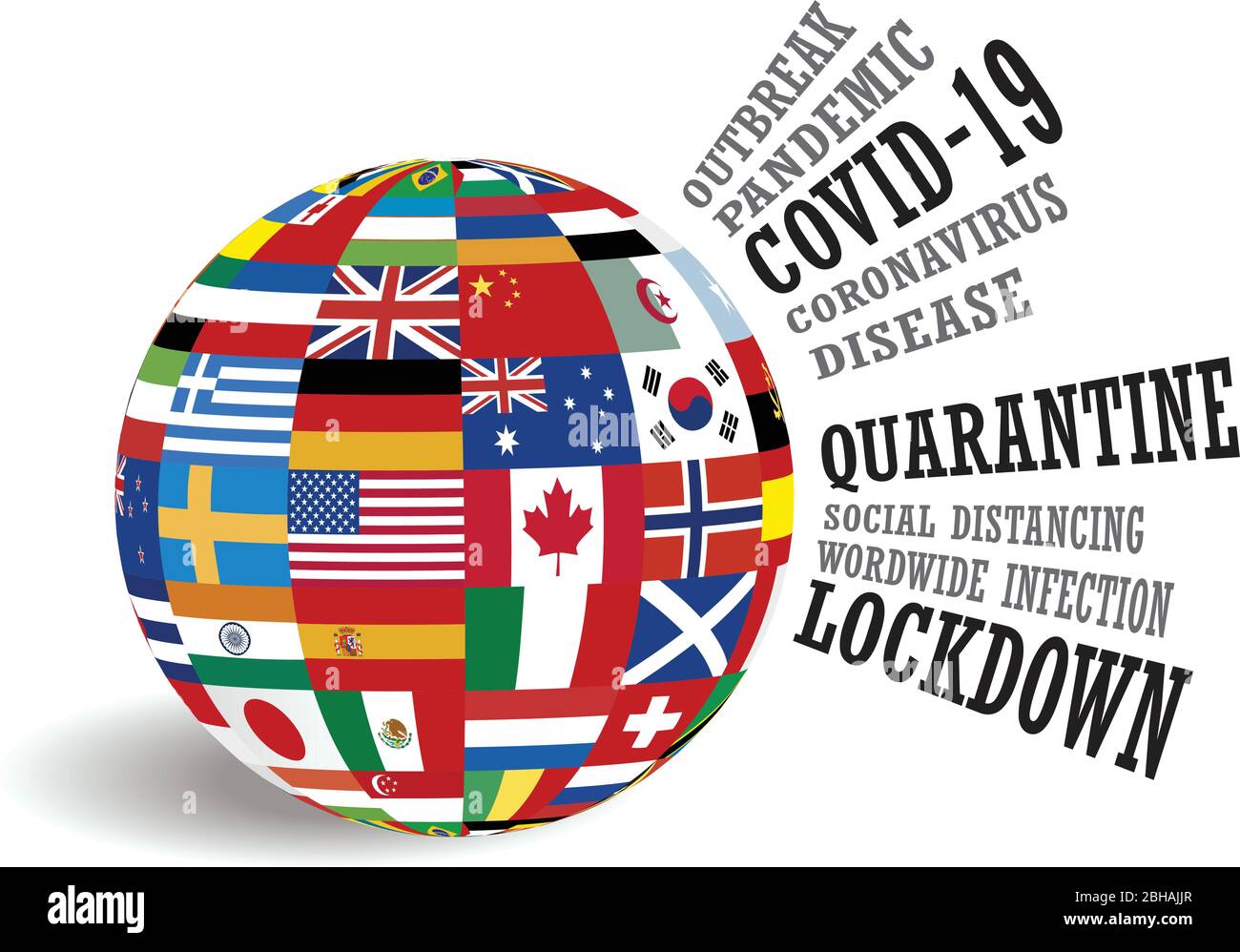 Globus der internationalen Länderflaggen mit Covid-19 Coronavirus Pandemie Bewusstsein konzeptionelle Design Vektor Illustration Stock Vektor