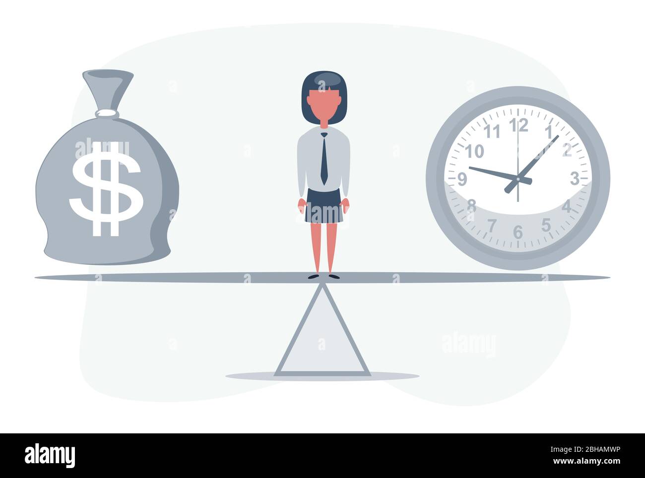 Frau, die auf Wippe zwischen Uhr und Tasche mit Dollar-Symbol steht und Geld und Zeit ausbalanciert. Stock Vektor