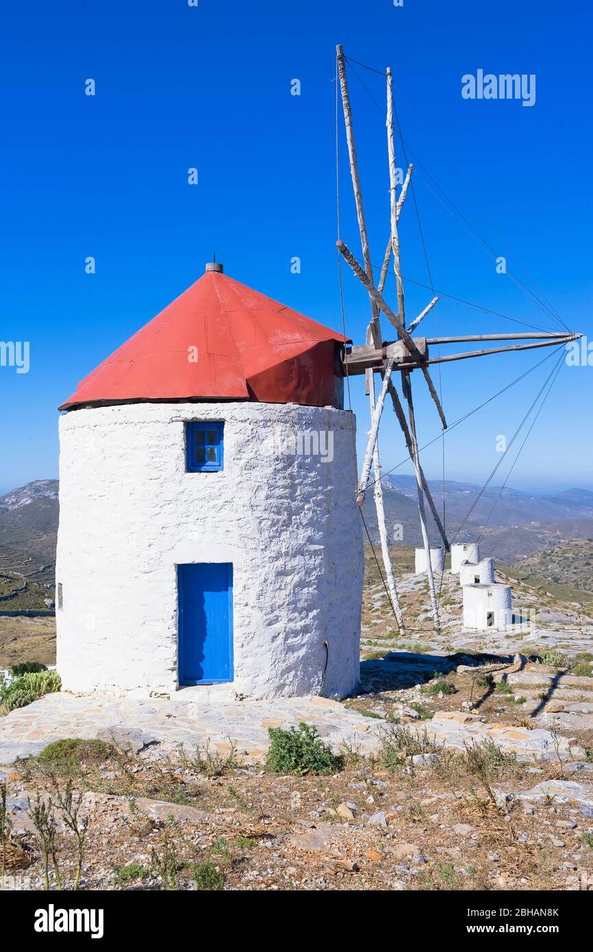 Traditionelle Windmühlen, Chora, Amorgos, Kykladen, Griechenland, Europa Stockfoto