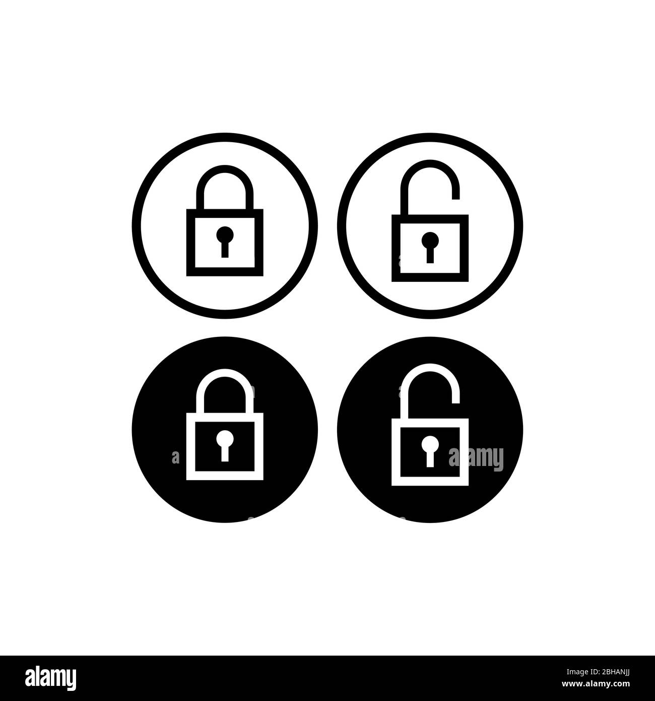 Minimale Sperrtaste zum Entsperren eingestellt. Umriss Quadratische Vorhängeschloss Symbol Vektor-Illustration mit runder Form. Sicherheitsdesign-Element. Schutzsymbol isoliert Stock Vektor