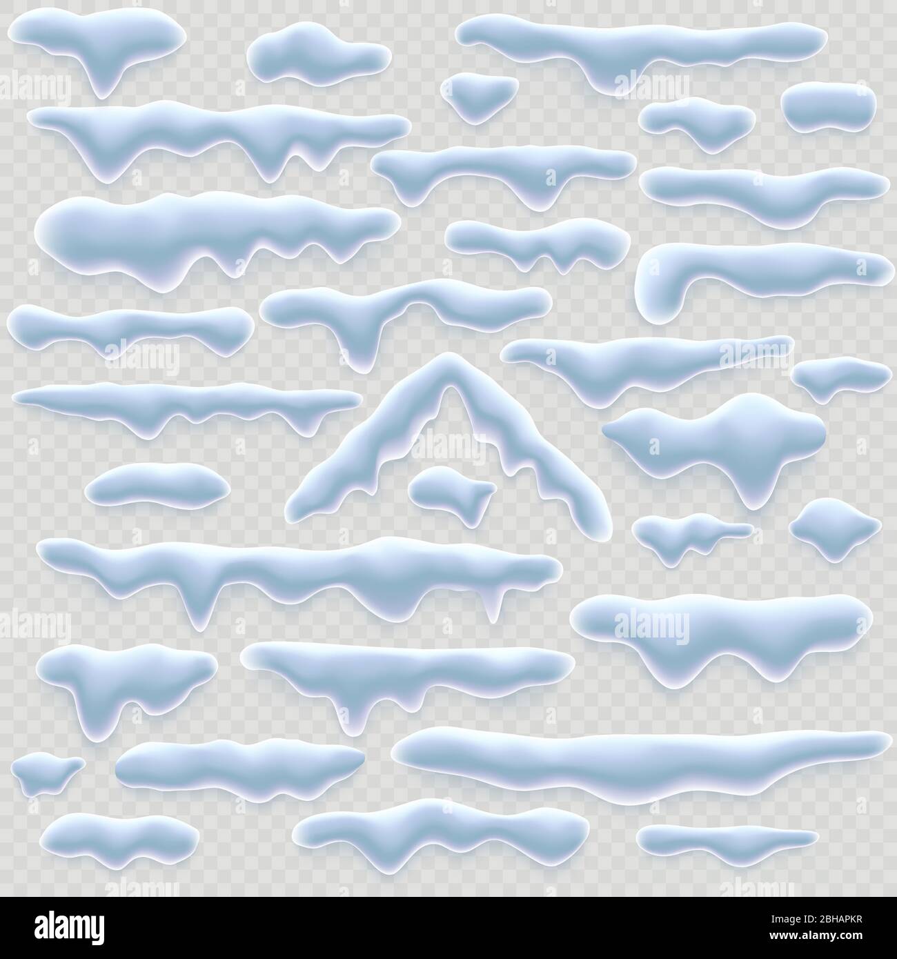 Set von Schneemützen, Eiszapfen und Schneeverwehungen auf transparentem Hintergrund isoliert. Winterdeko. Elemente für Computerspiele, Weihnachtskarten Stock Vektor
