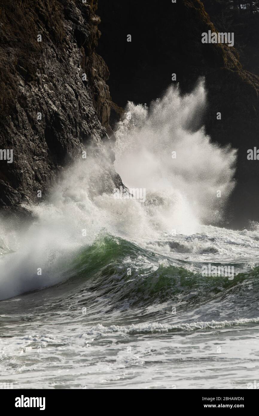 Wave trifft Klippe, Cape Disappointment State Park, Washington, USA Stockfoto