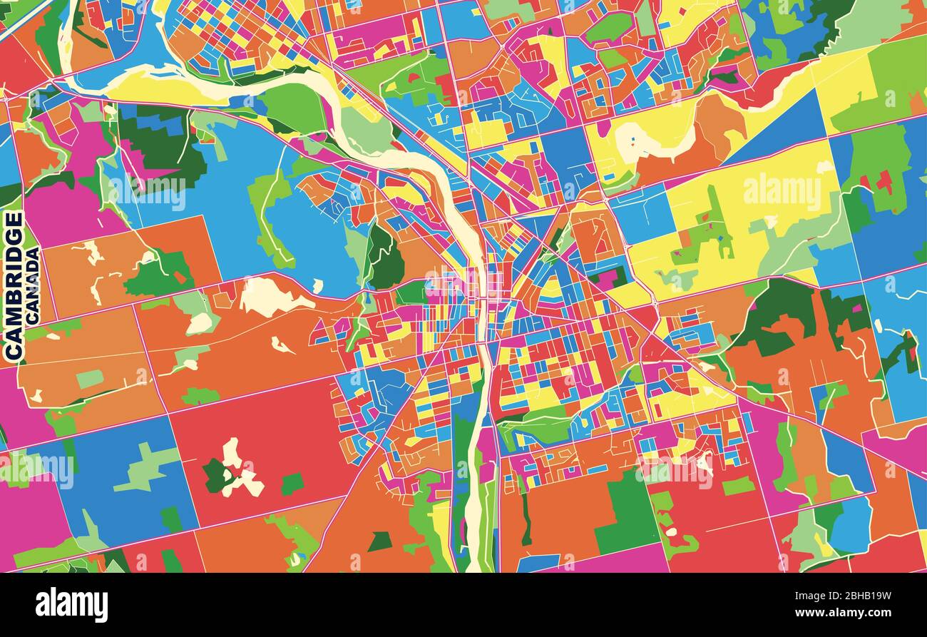 Bunte Vektorkarte von Cambridge, Ontario, Kanada. Art Map Vorlage für selbstdruckende Wandkunst im Querformat. Stock Vektor