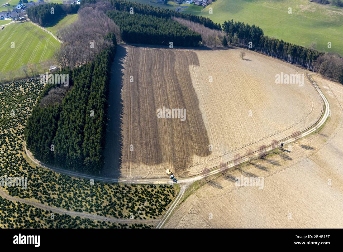 Luftaufnahme des Düngersprühens mit Traktor auf Feldern, Enkdorf, Meschede, Nordrhein-Westfalen, Deutschland Stockfoto