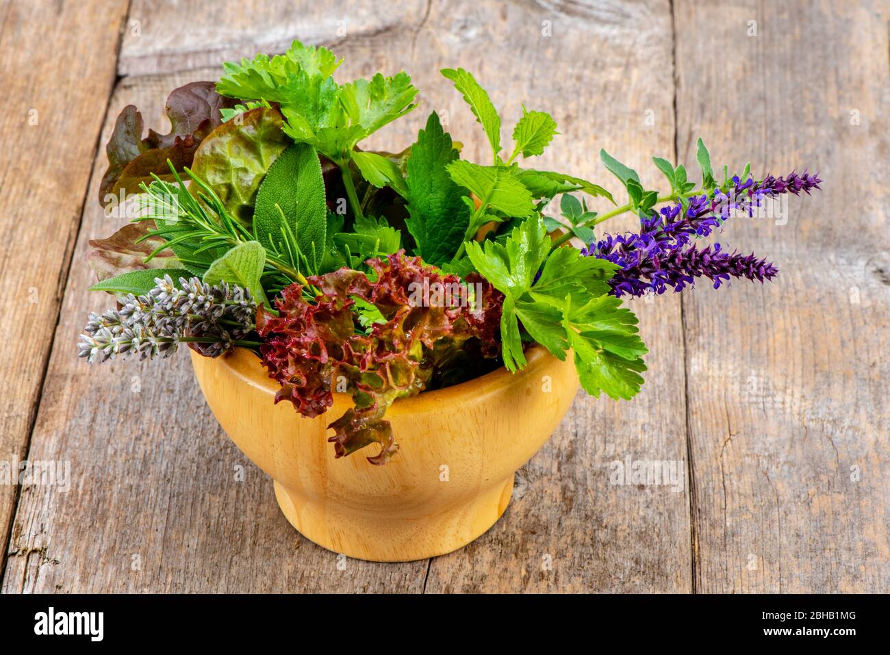Naturmedizin mit einer Mischung von gesunden Kräutern und Heilpflanzen im Mörser Stockfoto