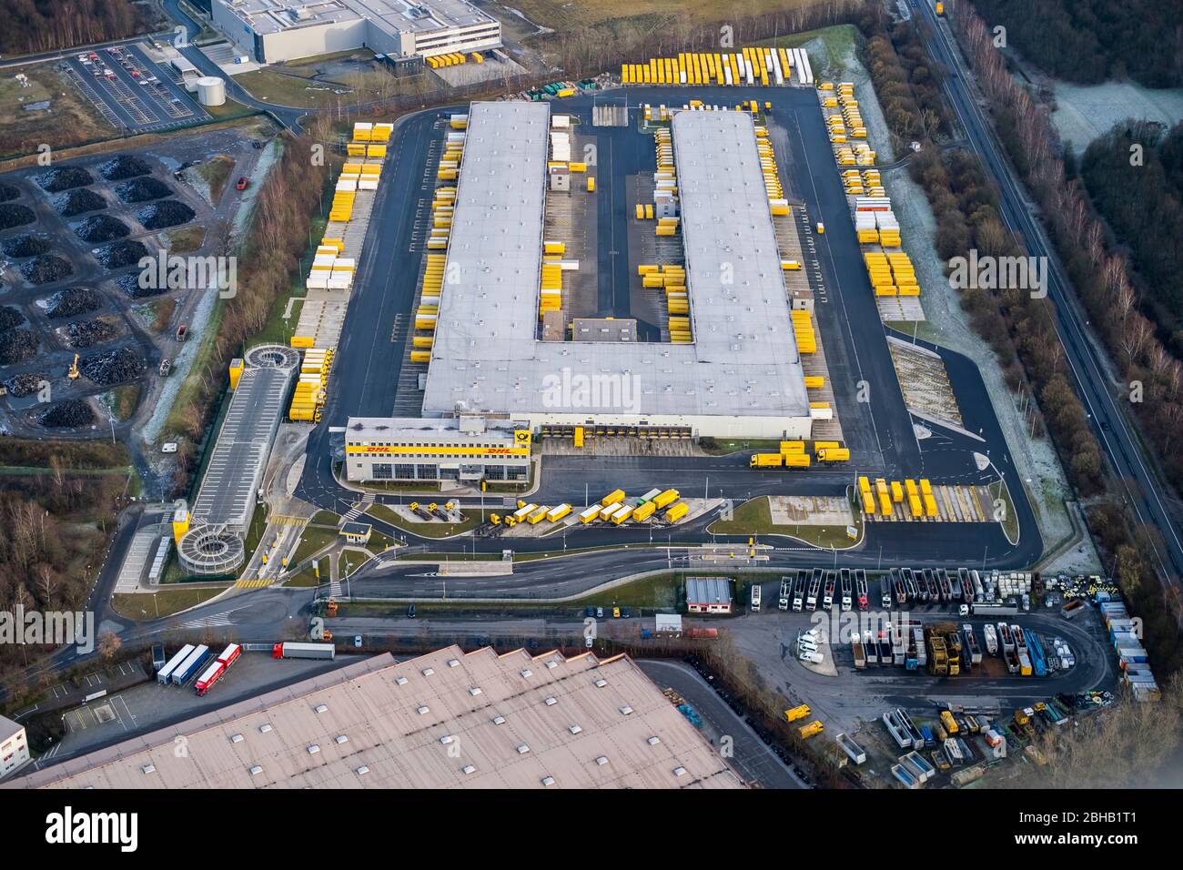 Luftaufnahme, DHL Freight Center, Produktions- und Vertriebsbüro, East Business Park, Dorsten, Ruhrgebiet, Nordrhein-Westfalen, Deutschland Stockfoto
