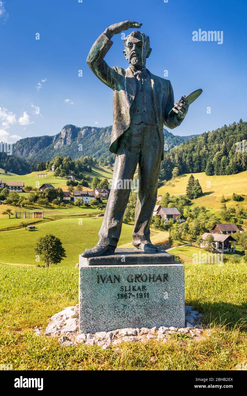 Statue von Ivan Grohar in Sorica, Gemeinde Å½elezniki, Oberkrain, Slowenien Stockfoto