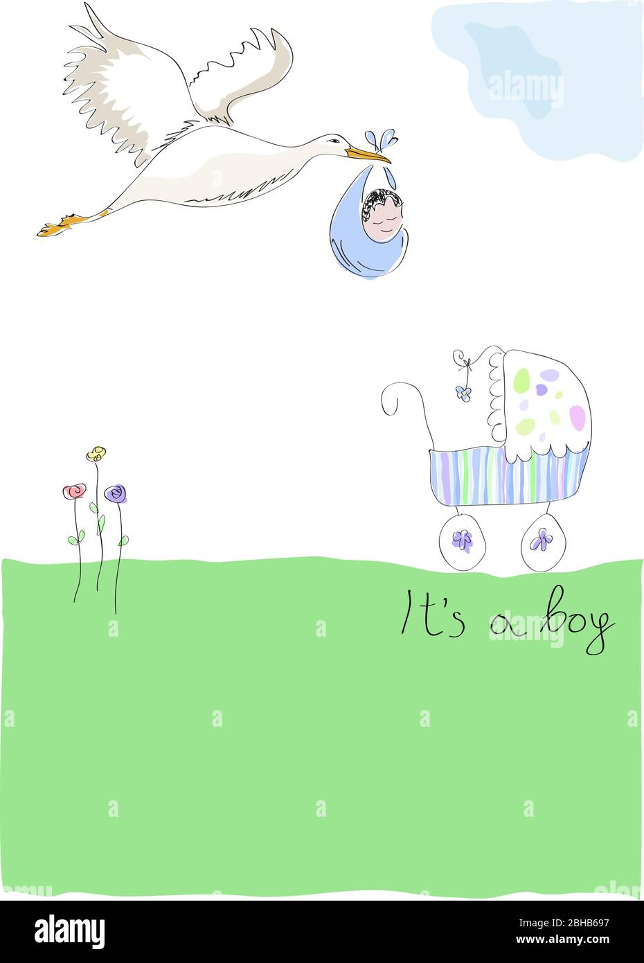 Storch trägt ein Baby. Ankündigung einer neuen Geburt. Es ist ein Junge. Vektorgrafik von einem Kind gemacht. Stock Vektor