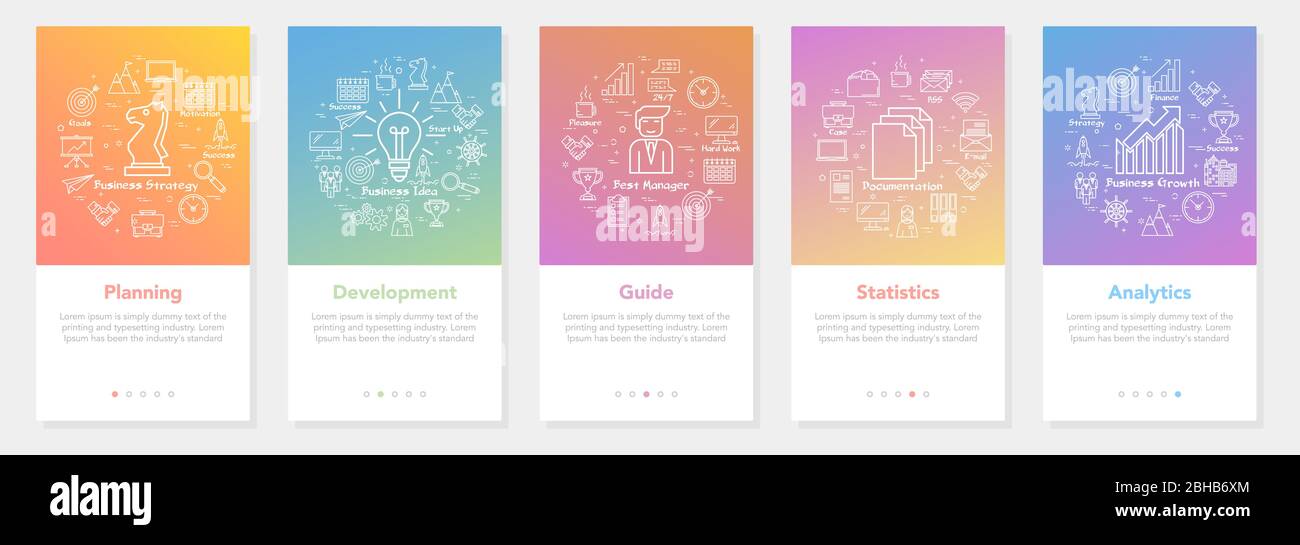 Vector fünf vertikale Banner - Leitfaden, Planung, Entwicklung, Statistiken, Analysen Stock Vektor