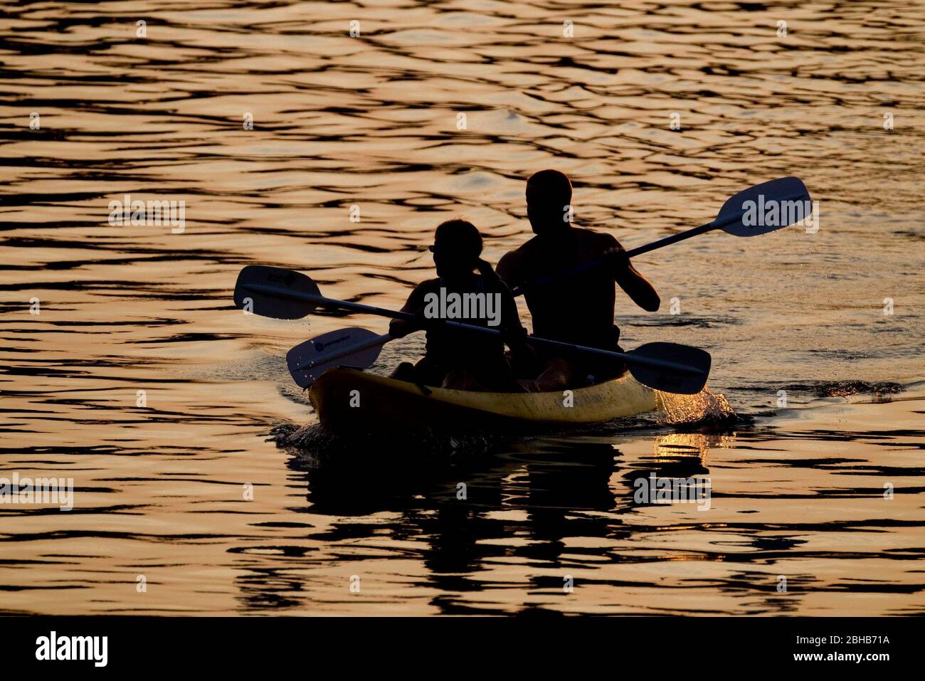 Austin Texas USA, Mai 30,2010: Kajakfahrer genießen an einem frühen Sommerabend das ruhige Wasser des Lady Bird Lake, der sich durch die Innenstadt von Austin zieht und von der First Street Bridge aus nach Westen schaut. Obwohl Schwimmen und Motorboote nicht erlaubt sind, ist der See bei Paddlern beliebt. ©Bob Daemmrich Stockfoto