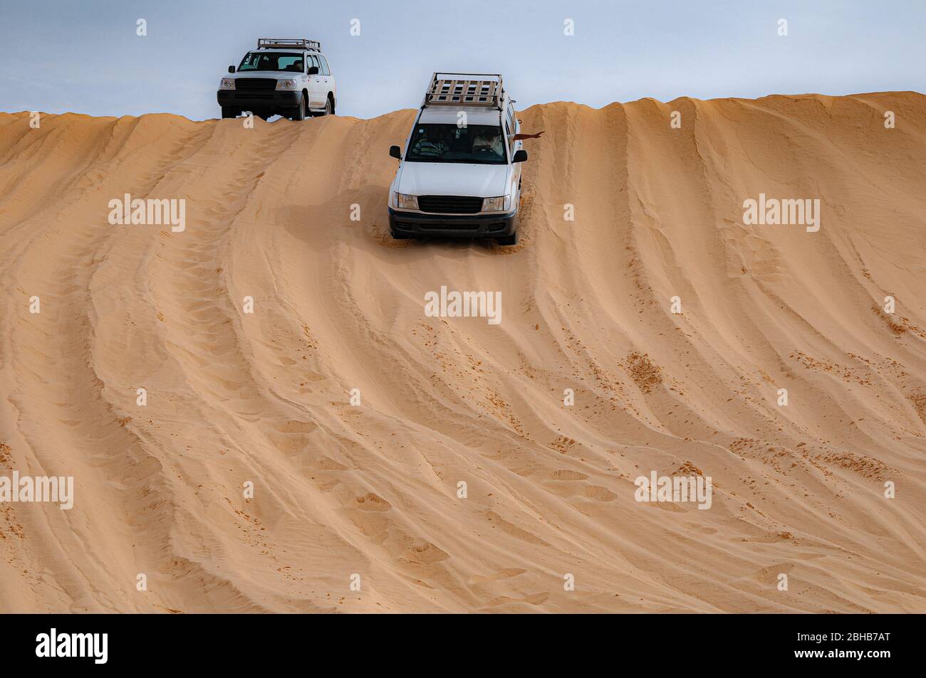 Weißer suv auf den roten Sanddünen während einer Safari in der Sahara in Tunesien Stockfoto