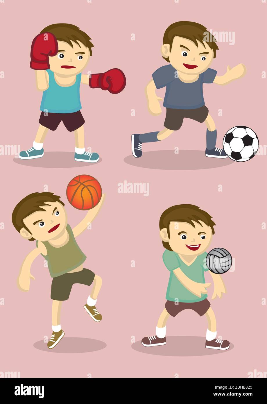 vektor-Illustration von sportlichen Jungen spielen Boxen, Fußball, Basketball und Volleyball isoliert auf rosa einfarbigem Hintergrund Stock Vektor