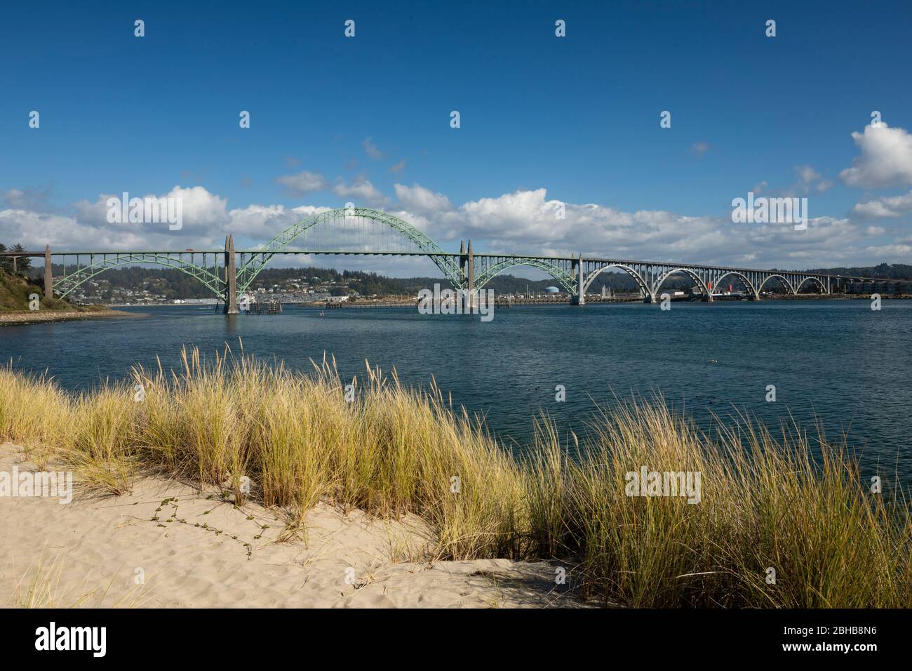 Blick auf die Brücke über dem Fluss mit Gras am Flussufer, Oregon City Bridge, Oregon, USA Stockfoto