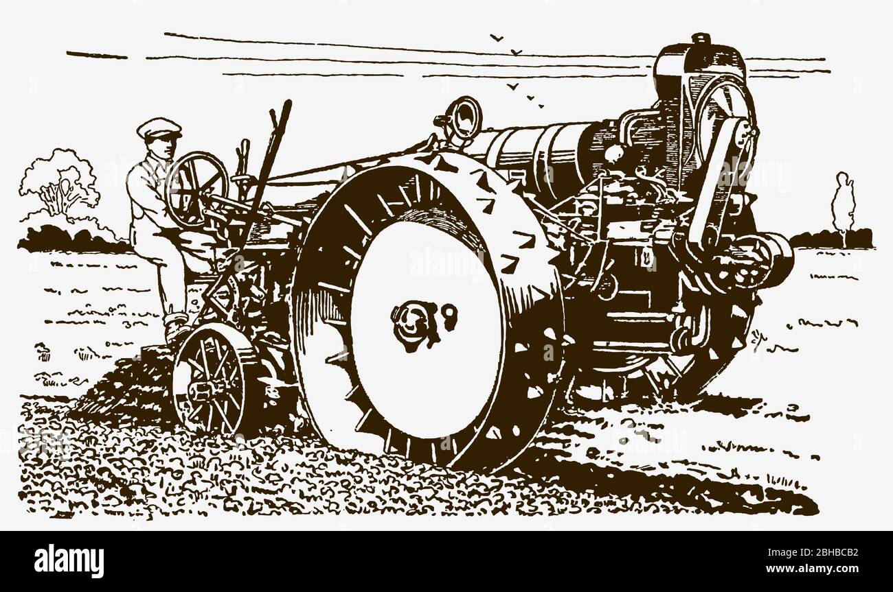 Historischer Landwirt, der einen Traktor in einem Feld in drei Viertel Vorderansicht fährt. Illustration nach einem Stich aus dem frühen 20. Jahrhundert Stock Vektor