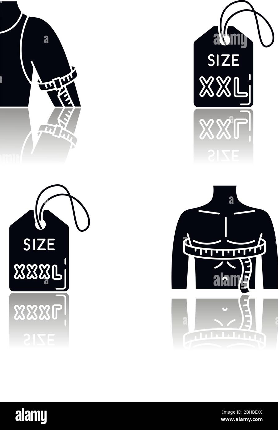 Männliche Größe Etiketten und Messungen Drop Schatten schwarz Glyph Symbole gesetzt. Extra große Größe Tags, Mann Brust und Oberarm Umfang. Maßgeschneiderte Kleidung Stock Vektor