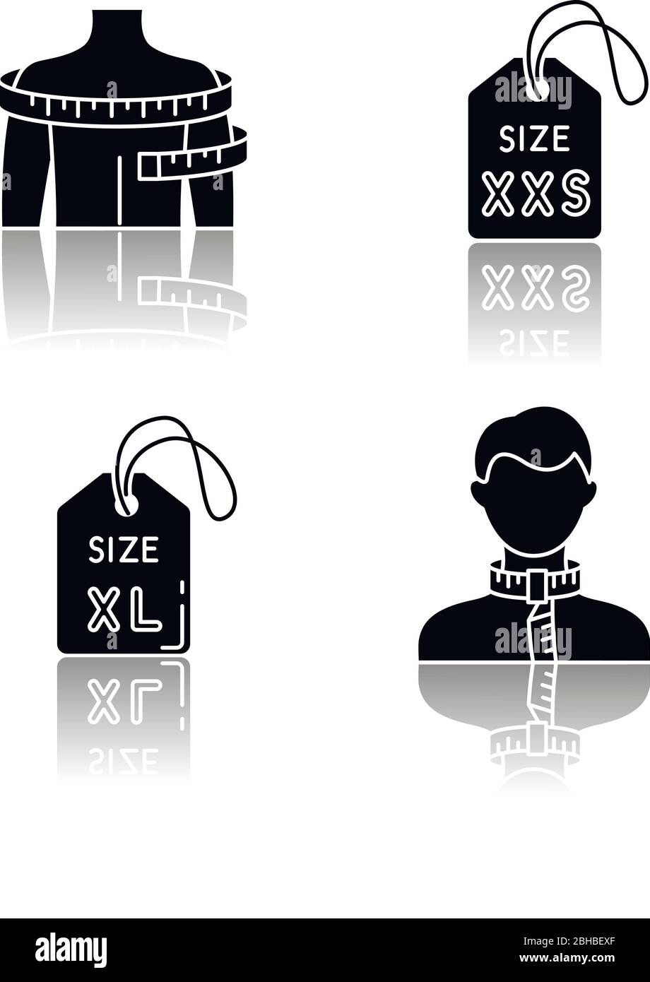 Kleidergröße Tags und Körper Messung Drop Schatten schwarz Glyph Symbole gesetzt. XS und XXL Größe Etiketten, Hals und Schultern Umfang. Maßgeschneiderte Kleidung Stock Vektor