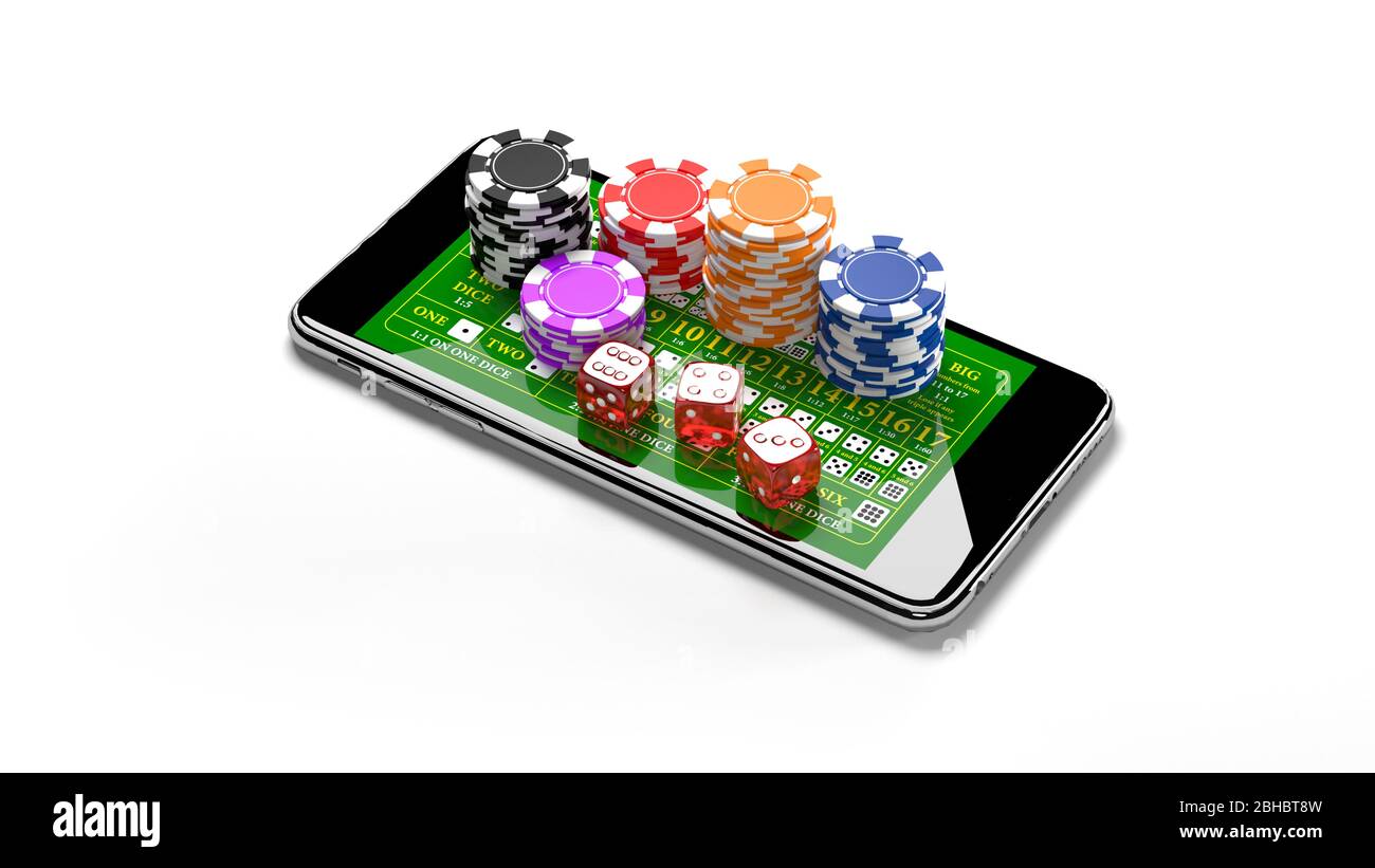 Online Casino Spielkonzept mit Smartphone, Poker Chips und Würfel. 3d-Darstellung Stockfoto