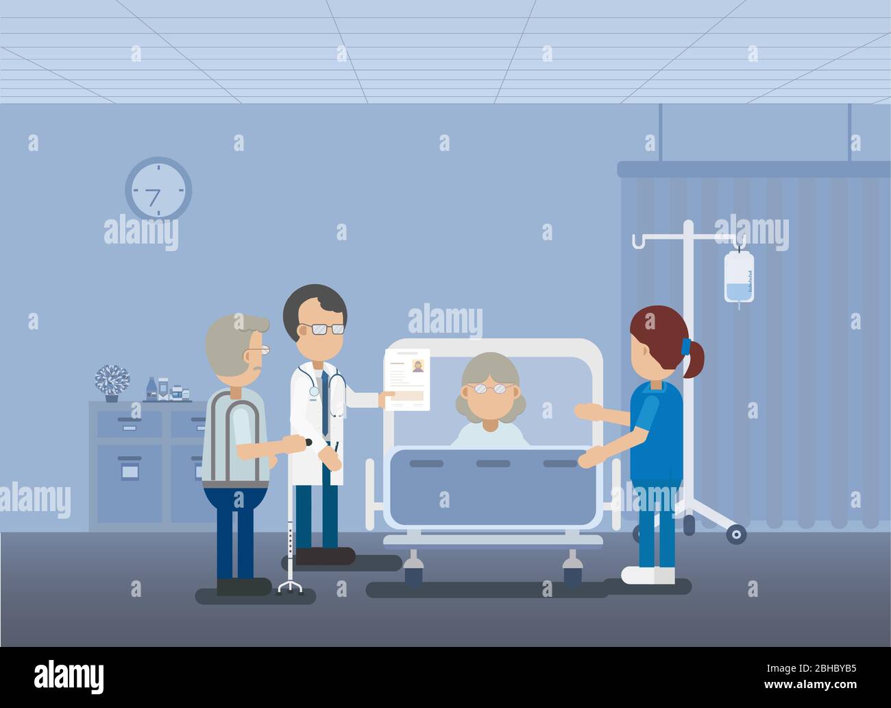 Arzt mit älteren Patienten im Bett flach Design Vektor-Illustration Stock Vektor