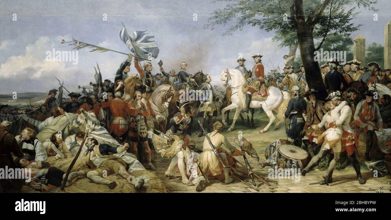 Die Schlacht von Fontenoy, 11. Mai 1745 - die irische Brigade, die Louis XV und dem Dauphin - Horace Vernet, 1828 eine eingefangene britische Farbe präsentiert Stockfoto