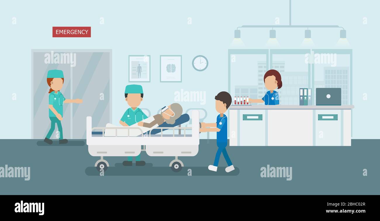 Arzt mit kritischen Patienten im Bett flach Design Vektorgrafik Stock Vektor