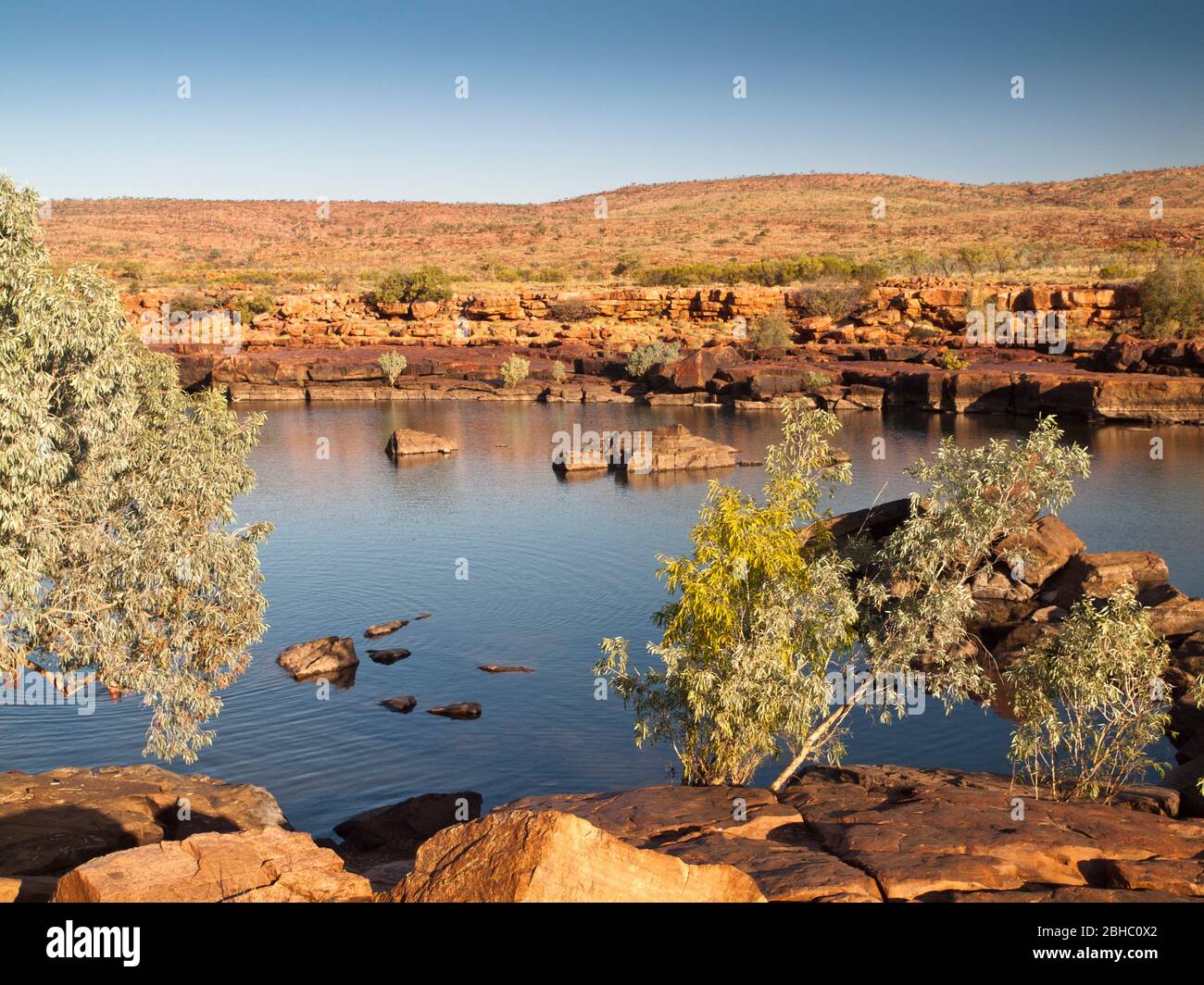 Der Fitzroy River bei Sonnenuntergang, Sir John Gorge, Mornington Wilderness Camp, Kimberley, Westaustralien Stockfoto