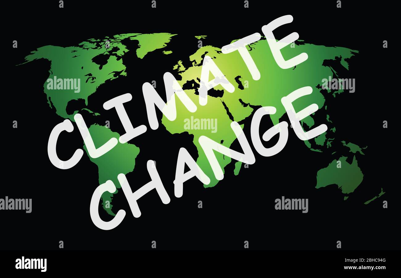 Darstellung des weltweiten Klimawandels auf grüner Weltkarte isoliert auf schwarzem Hintergrund Stockfoto