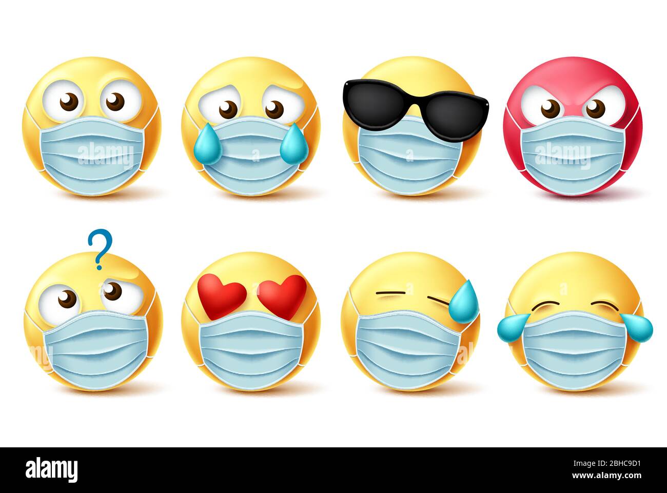 Emoticons Gesichtsmaske Vektor Emojis gesetzt. Emojis und Covid-19 Emoticons mit Gesichtsmaske und Gesichtsausdrücke isoliert in weiß für Covid-19 Corona Virus Stock Vektor