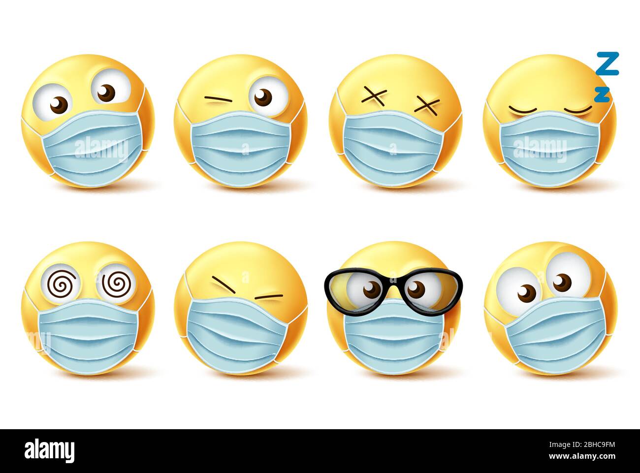 Emojis Gesichtsmaske Vektor Emoticon Set. Emoji-Gesichter mit Covid-19 Gesichtsmaske und Mimik für ncov Corona Virus Design-Elemente. Stock Vektor