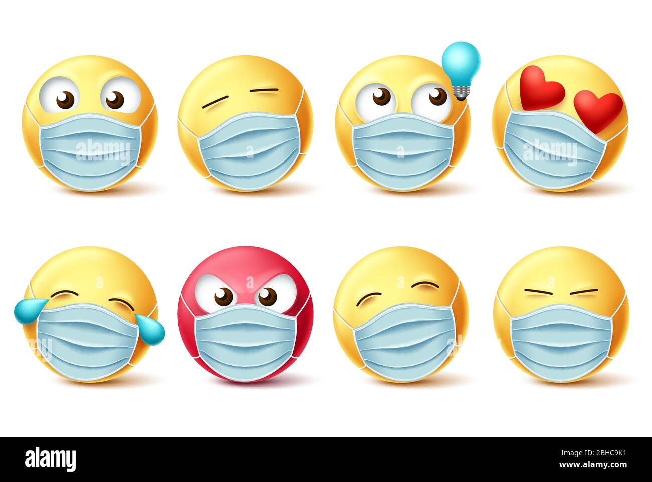 Emoji covid-19 Gesichtsmaske Vektor-Set. Emojis und Emoticons mit Mimik und Gesichtsmaske für Covid-19 Corona Virus Design Element. Stock Vektor
