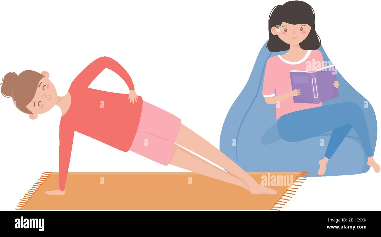 Bleiben Sie zu Hause, Mädchen Buch lesen und Frau Übungen Vektor-Illustration Stock Vektor
