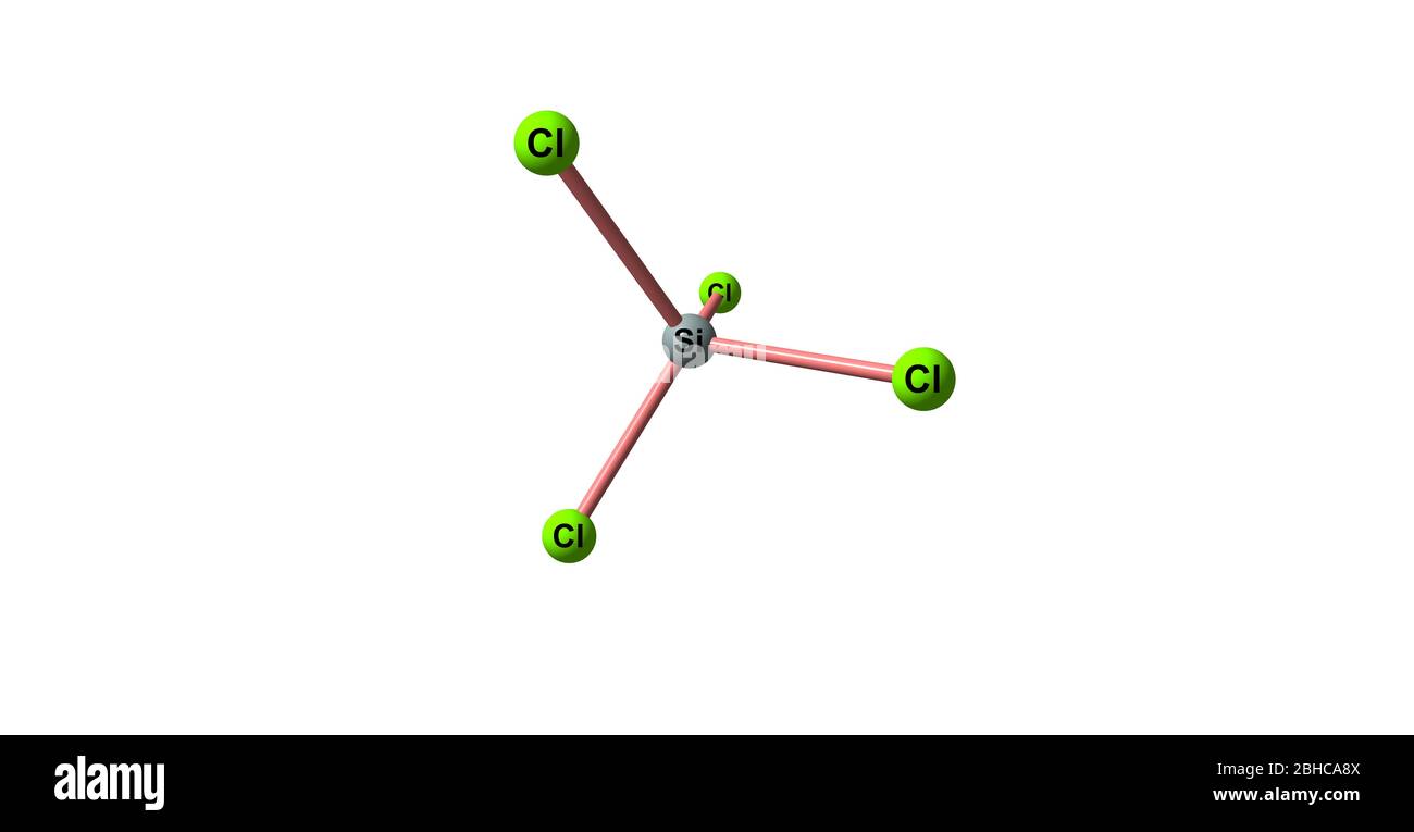 Siliziumtetrachlorid oder Tetrachlorsilan ist die anorganische Verbindung mit der Formel SiCl4. Es ist eine farblose flüchtige Flüssigkeit, die in der Luft abdämpft. 3d Stockfoto