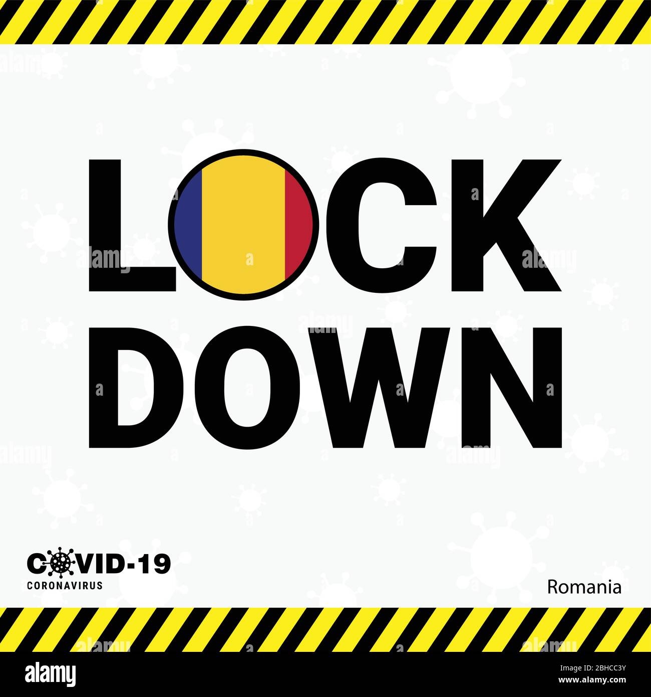 Coronavirus Romania Lock down Typografie mit Landesflagge. Coronavirus Pandemie Lock Down Design Stock Vektor