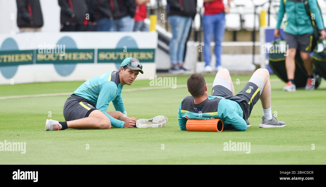 Justin Langer das Australien Trainer für die 50 über Cricket Tour Match zwischen Sussex und Australien kommt an der 1. zentralen County Boden in Hove. 07. Juni 2018 Stockfoto