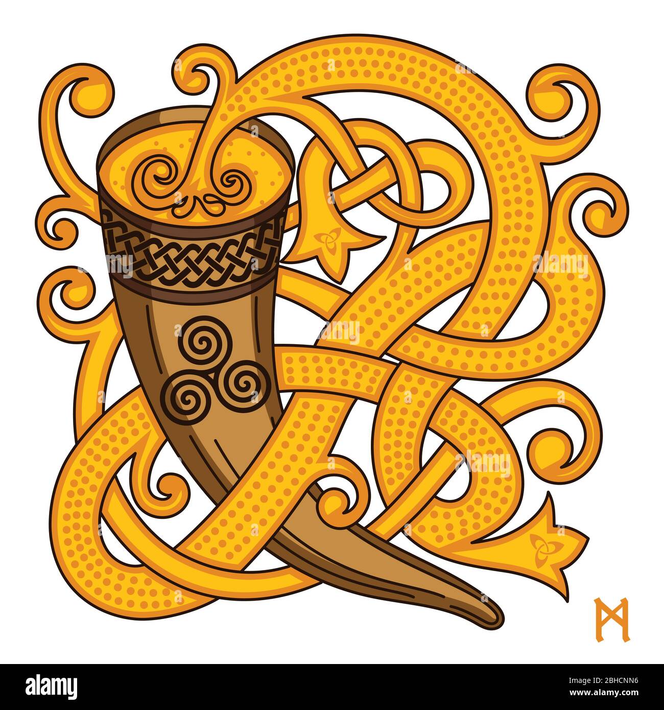 Keltisches, skandinavisches Design. Trinkhorn mit Met und gewebtem Muster Stock Vektor