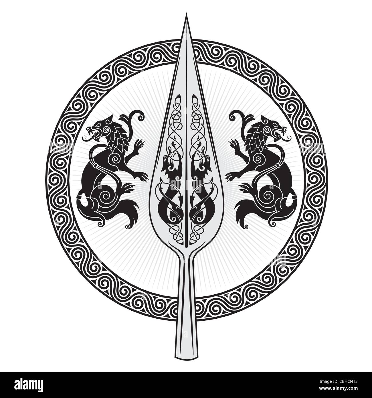 Der Speer Des Gottes Odin - Gungnir. Zwei Wölfe und skandinavisches Muster Stock Vektor