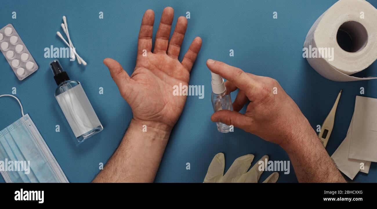 Schützen Sie sich Konzepte auf Coronavirus Ausbruch Situation.Prävention Equipment.Medical supplies.Body Health care.Waschen und Reinigen der Hand Stockfoto