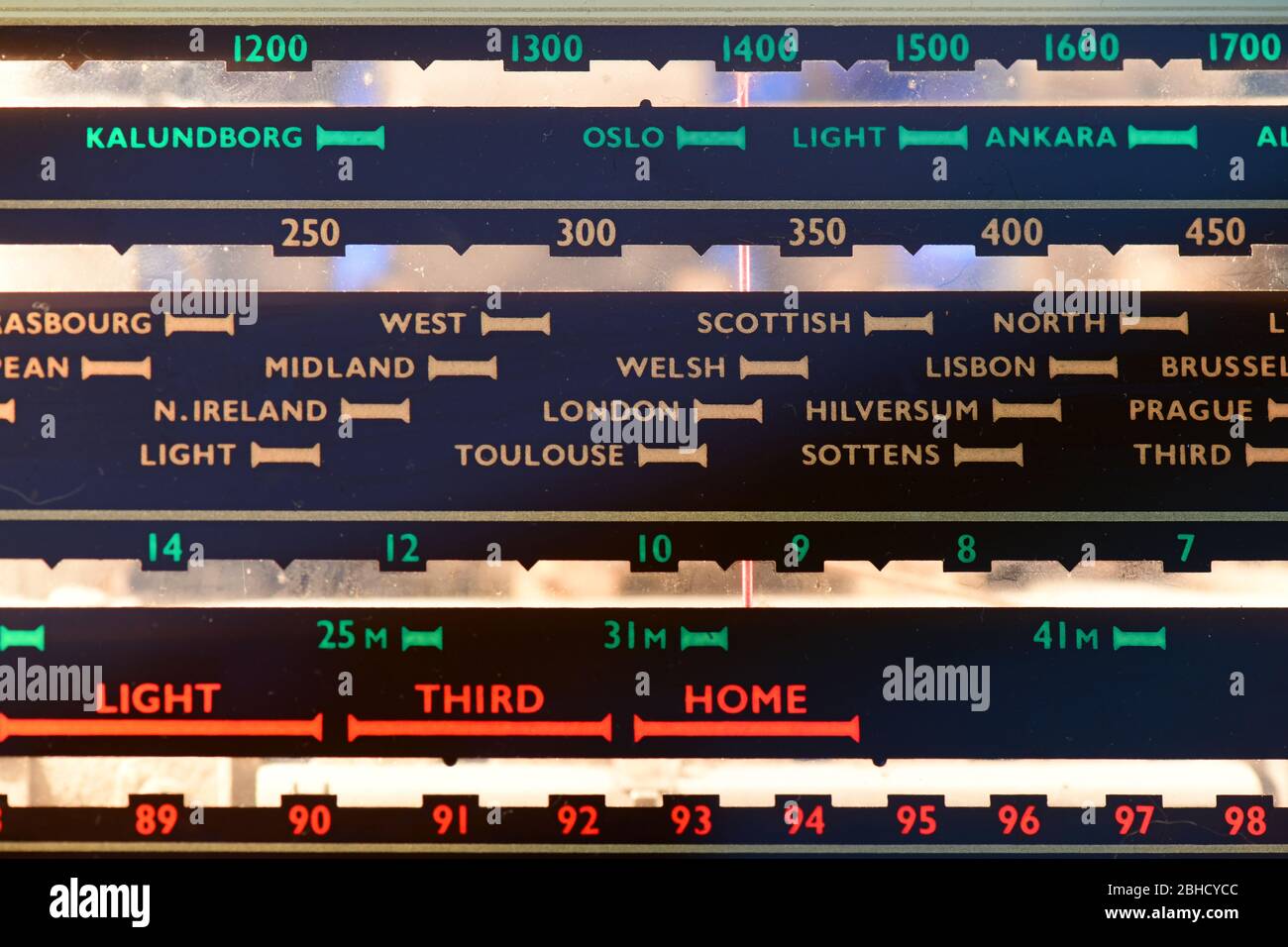 Antikes Radiogramm mit Wellenlängen und Ländereinstellungen auf beleuchtetem Stimmdisplay Stockfoto