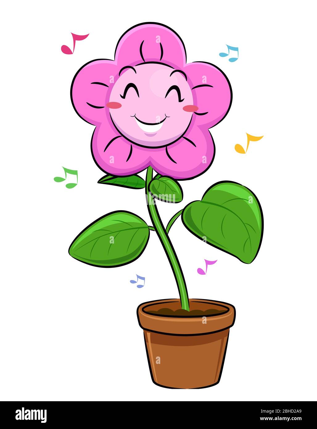 Illustration eines Blumenmaskots im Topf Lächeln und Tanzen zu Musiknoten Stockfoto