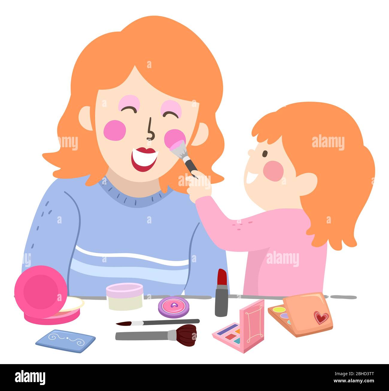 Illustration eines Kid Girl, das ihre Mütter Make-up macht, mit Pinsel für Blush Stockfoto
