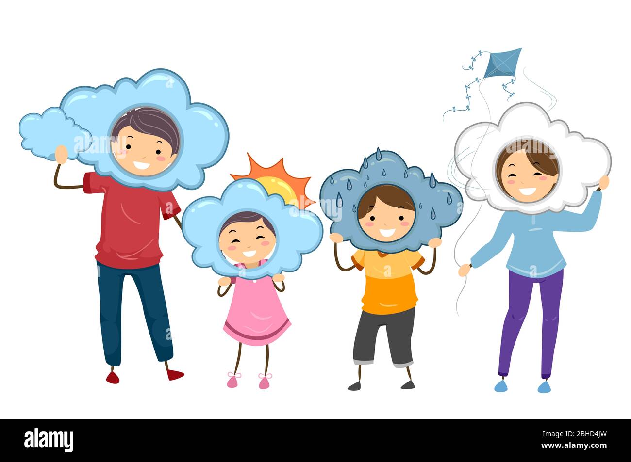 Illustration des Stickman Familie trägt Wolken Kostüm zeigt verschiedene Wetter von bewölkt, sonnig, regnerisch und winzig Stockfoto