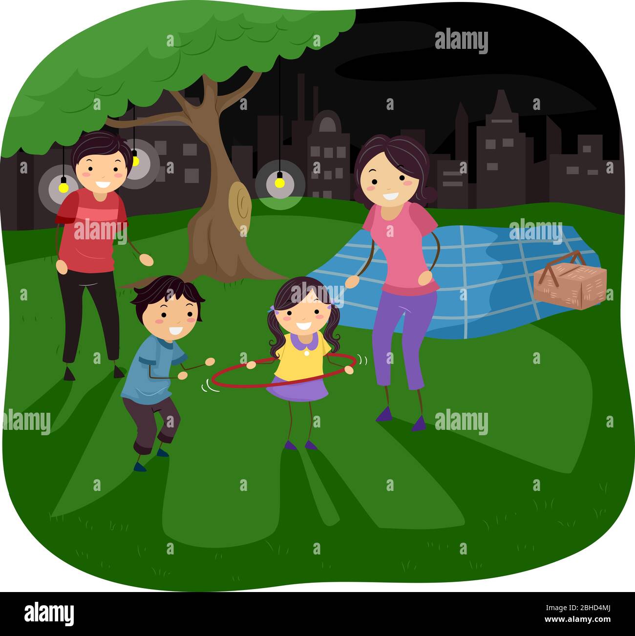 Illustration der Stickman Familie im Freien im Park beim Nachtpicknick Stockfoto