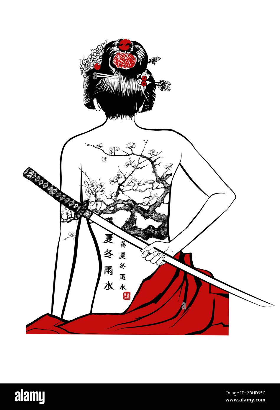 Japanische Geisha mit einem Kirschbaum Tattoo auf dem Rücken - Vektor-Illustration (ideal für den Druck auf Stoff oder Papier, Poster oder Tapete, Haus dekorat Stock Vektor