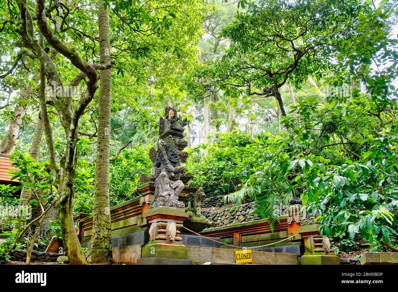 Makaken-Affen und Statuen in Ubud Bali, Indonesien. Sacred Monkey Forest und Hindu-Tempelkomplex in Ubud. Stockfoto