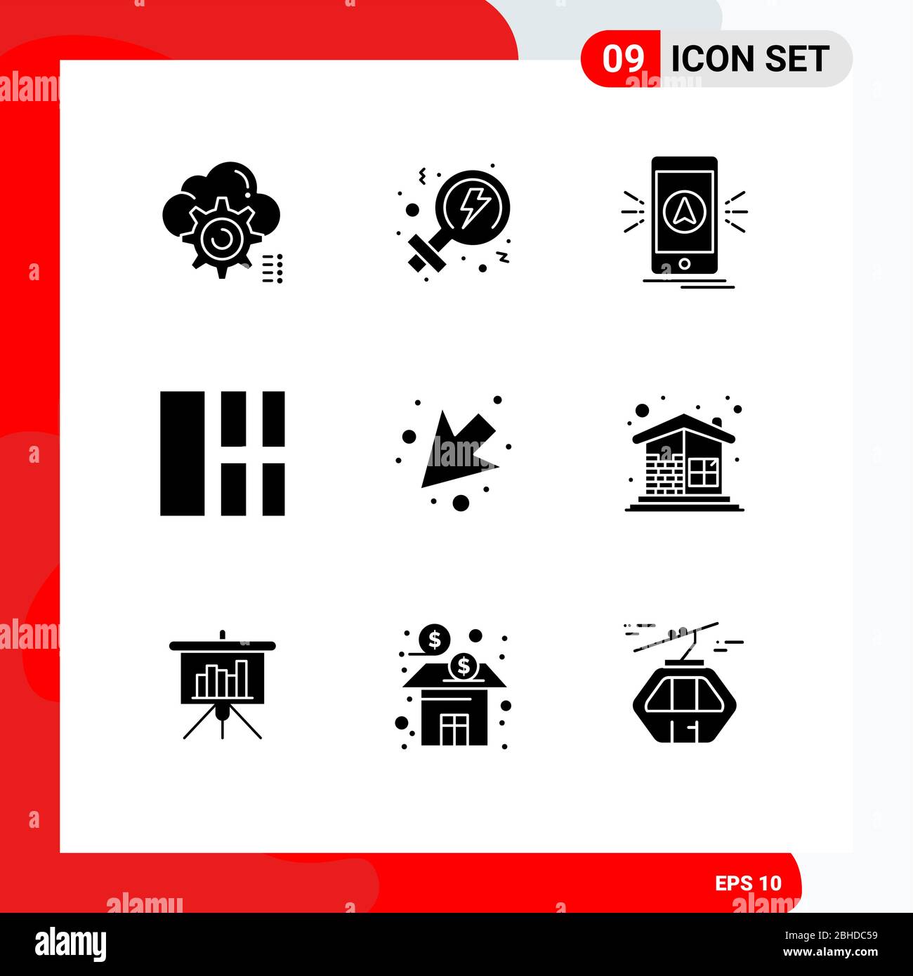 Modernes Set von 9 festen Glyphen und Symbole wie Pfeil, Schnittstelle, Navigation, Bild, Ort editierbare Vektor-Design-Elemente Stock Vektor